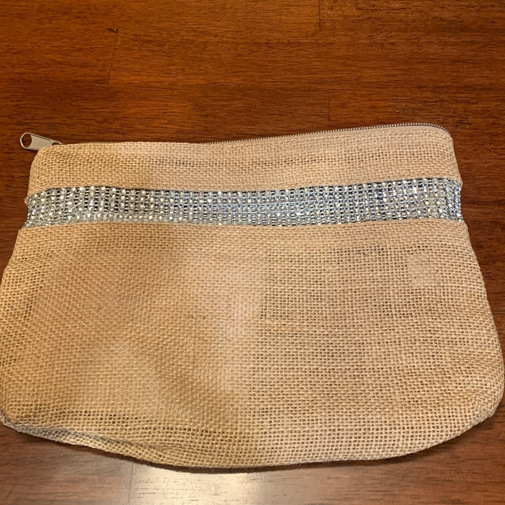 Elegant Tan Clutch with Silver Accent and crystals, real linen, brand new,must❤️